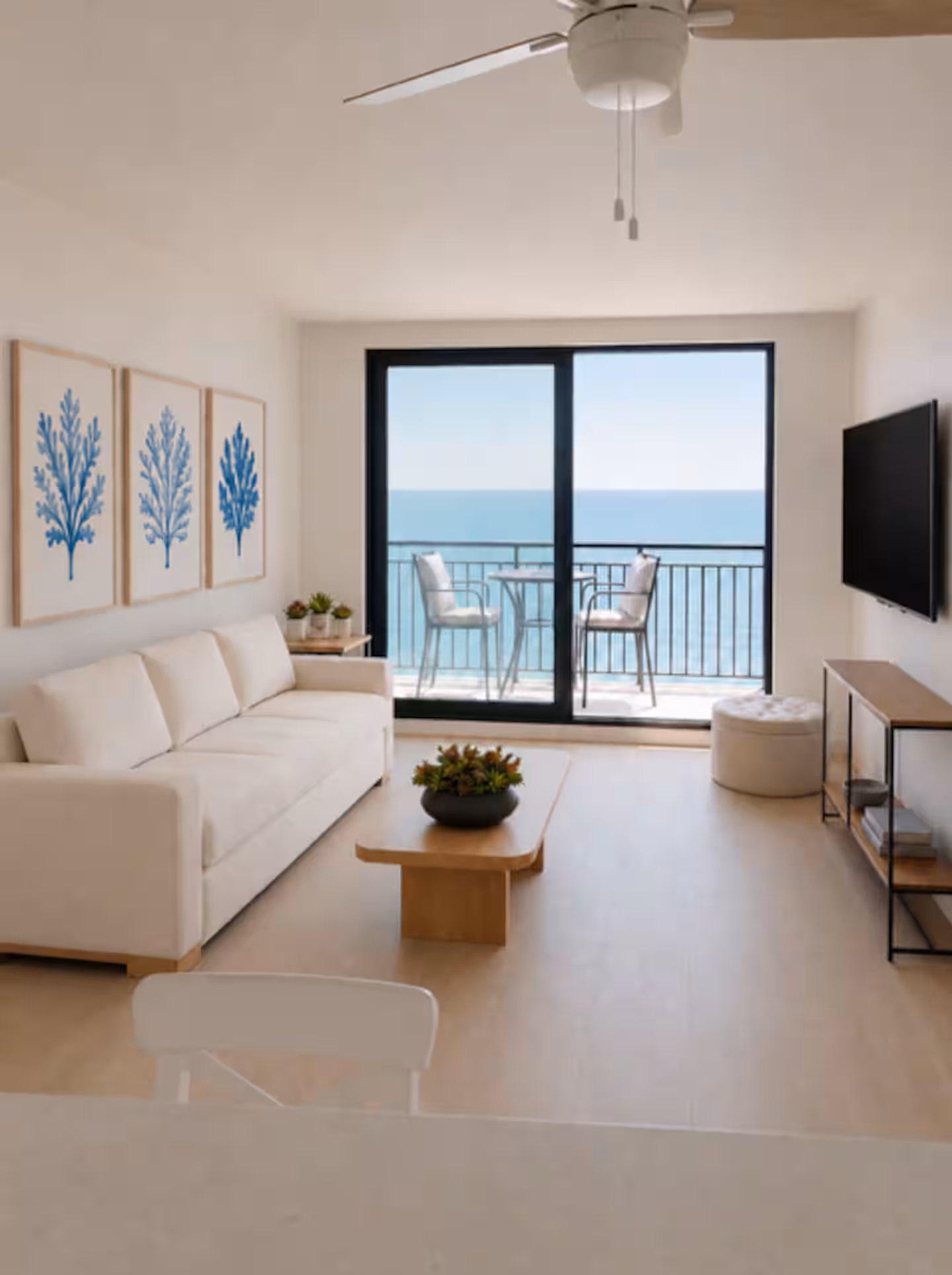 Living room with ocean-view balcony
